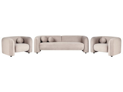 Wyld And Coco Home Velvet 5-Seater Taupe Sofa With Matching Armchair Set, Velvet Upholstery, Eucalyptus Legs - image 1