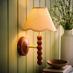 Valuelights Bobbins Walnut Bobble Wall Light And Natural Trim Linen Lamp Shade And Bulb