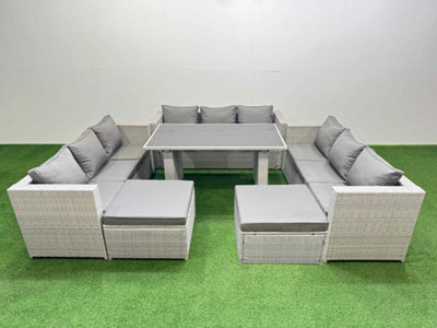 Fimous Patio Outdoor Garden Furniture Sets With Black Glass Top Dining Table 3 Seater Sofa 2 Big Stool Light Grey - image 1