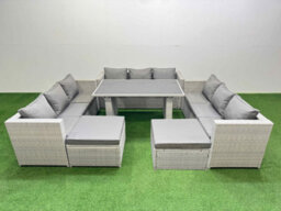 Fimous Patio Outdoor Garden Furniture Sets With Black Glass Top Dining Table 3 Seater Sofa 2 Big Stool Light Grey - thumbnail 1