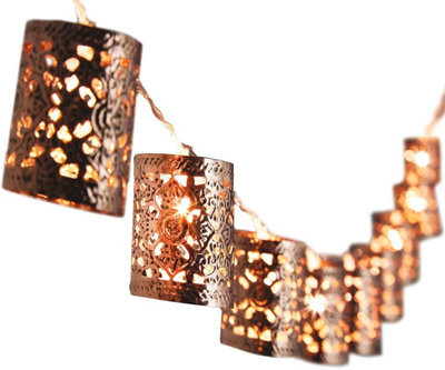 Copper Finish Moroccan Style String Lights - Battery Powered Metal Led Home Lighting Lanterns - 173Cm Long, Each Light H5 X 4Cm - image 1