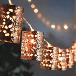 Copper Finish Moroccan Style String Lights - Battery Powered Metal Led Home Lighting Lanterns - 173Cm Long, Each Light H5 X 4Cm - thumbnail 2