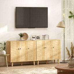 Homcom Vintage Sideboard Cabinet With 3 Chevron Doors, Natural Wood Finish - thumbnail 9