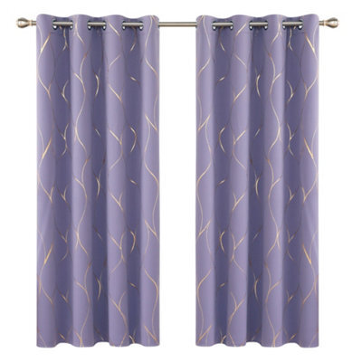 Deconovo Eyelet Blackout Curtains, Gold Wave Foil Printed Curtains For Living Room, W66 X L72 Inch, Light Purple, One Pair - image 1
