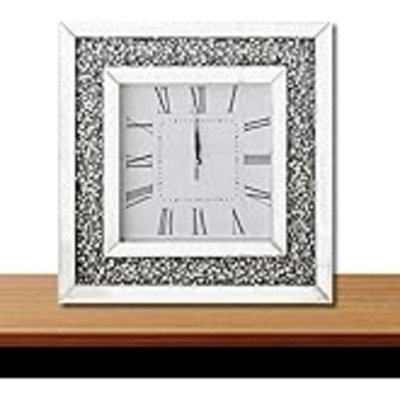Biznest Ex Large Square Crushed Jewel Mirror Wall Clock Black Needles Roman Diamante 60Cm Black Hands Silver