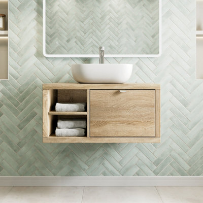 Affine 800mm Countertop Bathroom Vanity Unit Basin Sink Wall Hung Lh Shelves Oak - image 1