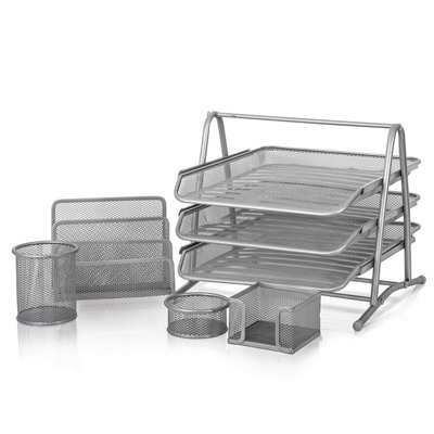 Kav Premium Mesh Office Set Of 5 Pcs - 3 Tier Paper Tray, Letter Rack And Memo Pad Holder - Metal - Desk Organiser - Silver - image 1