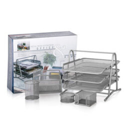 Kav Premium Mesh Office Set Of 5 Pcs - 3 Tier Paper Tray, Letter Rack And Memo Pad Holder - Metal - Desk Organiser - Silver - thumbnail 2