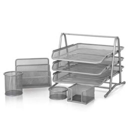 Kav Premium Mesh Office Set Of 5 Pcs - 3 Tier Paper Tray, Letter Rack And Memo Pad Holder - Metal - Desk Organiser - Silver