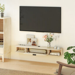 Homcom 120 Cm Floating Tv Unit With Flip Drawer And Shelves, Natural - thumbnail 8