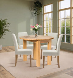 Hallowood Furniture Waverly Drop Leaf Round Table With 4 Upholstered Chairs In Beige Fabric