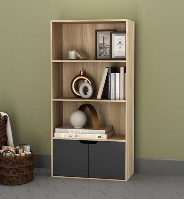 Urbn-Living Urbnliving 118Cm Height Oak 4-Tier Bookcase With 2 Grey Doors - Metal Handles - image 1