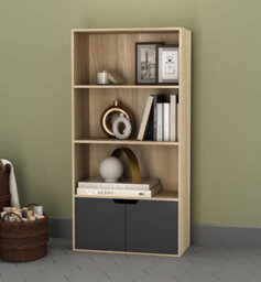 Urbn-Living Urbnliving 118Cm Height Oak 4-Tier Bookcase With 2 Grey Doors - Metal Handles
