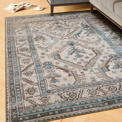 Loomed Beige Grey Traditional Bordered Medallion Washable Living Room Area Rug 160Cm X 230Cm - image 1