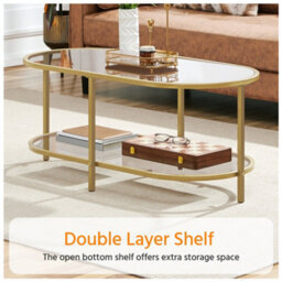 Yaheetech Gold Double Layer Oval Coffee Table With Clear Glass Tabletop And Shelf - thumbnail 9