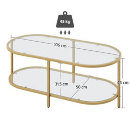 Yaheetech Gold Double Layer Oval Coffee Table With Clear Glass Tabletop And Shelf - thumbnail 3
