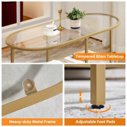 Yaheetech Gold Double Layer Oval Coffee Table With Clear Glass Tabletop And Shelf - thumbnail 4
