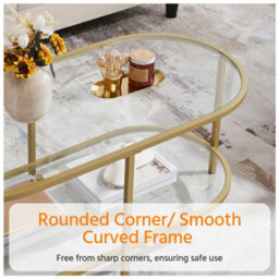 Yaheetech Gold Double Layer Oval Coffee Table With Clear Glass Tabletop And Shelf - thumbnail 6
