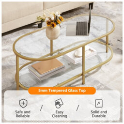 Yaheetech Gold Double Layer Oval Coffee Table With Clear Glass Tabletop And Shelf - thumbnail 5