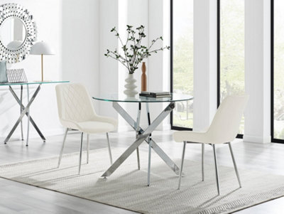 Furniturebox Uk Novara 100Cm Round  Dining Table And 2 Cream Pesaro Silver Leg Chairs - image 1