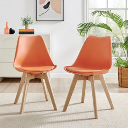Furniturebox Set Of 2 Dining Chairs - Stockholm Scandi Dining Chairs - Orange Plastic Wood Leg Dining Chairs - Kitchen Dining Room Chairs