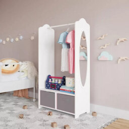 Urbn-Living Urbnliving 120Cm Height Kids White Wooden Hanging Clothes Rail Grey Wardrobe Storage Shelves With Mirror