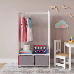 Urbn-Living Urbnliving 120Cm Height Kids White Wooden Hanging Clothes Rail Grey Wardrobe Storage Shelves With Mirror - thumbnail 2