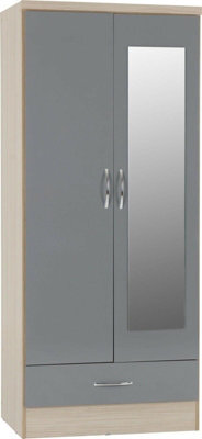 Seconique Nevada Mirrored 2 Door 1 Drawer Wardrobe Grey And Oak Effect - image 1