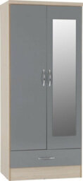 Seconique Nevada Mirrored 2 Door 1 Drawer Wardrobe Grey And Oak Effect