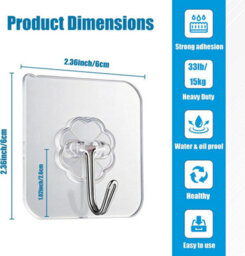 10 Pack Adhesive Hooks, Transparent, For Bathroom Hanging, 15Kg (Max), For Home, Kitchen, Towels - thumbnail 2