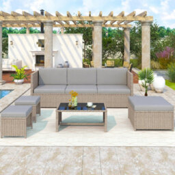 Abrihome 4-6 Seater Garden Lounge Set, Garden Furniture Set, Ratten Sofa, Seating Group, Patio Furniture,khaki - thumbnail 6