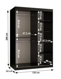 Arte Kair 2 Contemporary 2 Mirrored Sliding Door Wardrobe 5 Shelves 2 Rails Black Matt And Oak Décor (H)2000mm (W)1200mm (D)620mm - thumbnail 4