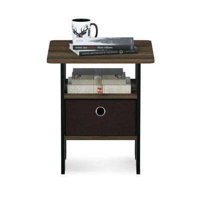 Walplus Andrey End Table Nightstand With Fabric Bin - Compact Storage Shelf With Open Display, Columbia Walnut/dark Brown Finish - image 1