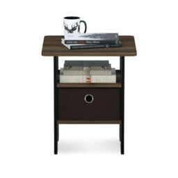 Walplus Andrey End Table Nightstand With Fabric Bin - Compact Storage Shelf With Open Display, Columbia Walnut/dark Brown Finish