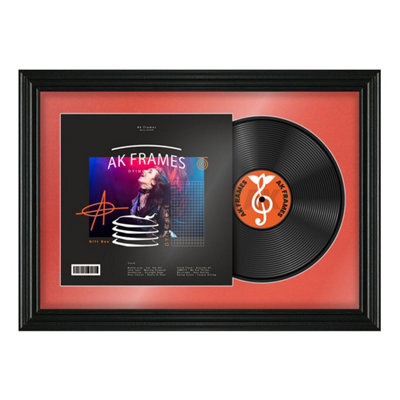 "AK Frames 25X17"" Black Swept Vinyl Record Frame With Poppy Red Mount For 12 Inch Lp Cover & Disc - Overlapped Design" - image 1
