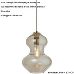 Loops Hanging Ceiling Pendant Light - Satin Brass Plate & Champagne Lustre Glass - Hour Glass Shade - thumbnail 2