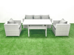 Fimous Garden Dining Set Outdoor Rattan Furniture Set Sofa Dining Table 2 Chairs Light Grey - thumbnail 2