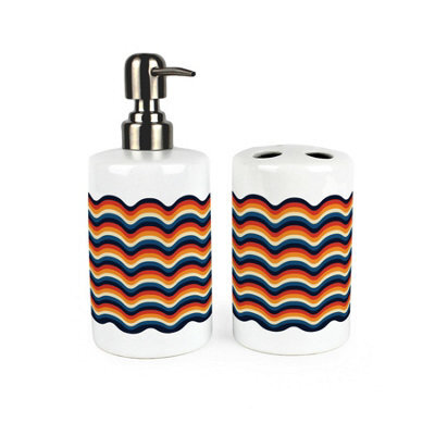 Purely Home Retro Waves Bathroom Set - Refillable Ceramic Soap Dispenser & Toothbrush Holder - image 1