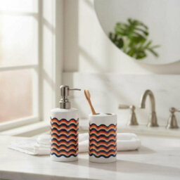 Purely Home Retro Waves Bathroom Set - Refillable Ceramic Soap Dispenser & Toothbrush Holder - thumbnail 2