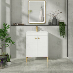Royal Bathrooms Verona 600mm Gloss White Floor Standing Vanity Unit 2 Door With Ceramic Basin & Brushed Brass Knob - thumbnail 4