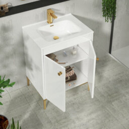 Royal Bathrooms Verona 600mm Gloss White Floor Standing Vanity Unit 2 Door With Ceramic Basin & Brushed Brass Knob - thumbnail 5