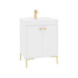 Royal Bathrooms Verona 600mm Gloss White Floor Standing Vanity Unit 2 Door With Ceramic Basin & Brushed Brass Knob - thumbnail 6