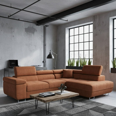 Torezio Corner Sofa Bed With Adjustable Headrests Sleeping Function Storage Upholstered Back 274X203X90 Orange Right - image 1