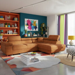 Torezio Corner Sofa Bed With Adjustable Headrests Sleeping Function Storage Upholstered Back 274X203X90 Orange Right - thumbnail 2