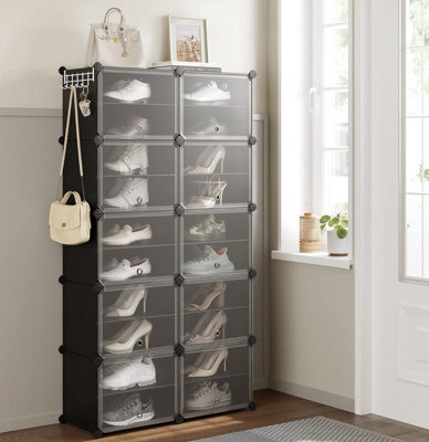Songmics Interlocking Shoe Rack, Plastic Shoe Storage Cabinet, 10-Slot Modular Storage Organiser Unit, Black - image 1