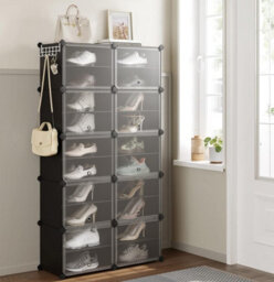 Songmics Interlocking Shoe Rack, Plastic Shoe Storage Cabinet, 10-Slot Modular Storage Organiser Unit, Black
