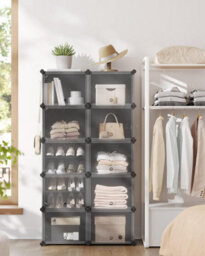 Songmics Interlocking Shoe Rack, Plastic Shoe Storage Cabinet, 10-Slot Modular Storage Organiser Unit, Black - thumbnail 3