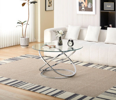 Comfy Living Round Abstract Tempered Glass Coffee Table Chrome Effect Frame In Silver - image 1