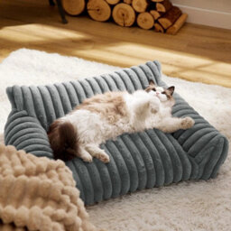 Gray-90Cm Luxury Plush Dog Bed Soft Ribbed Cat Pet Sofa Washable Calming 90Cm Pet Sofa - thumbnail 3
