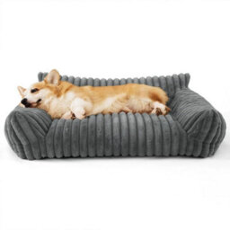 Gray-90Cm Luxury Plush Dog Bed Soft Ribbed Cat Pet Sofa Washable Calming 90Cm Pet Sofa - thumbnail 4
